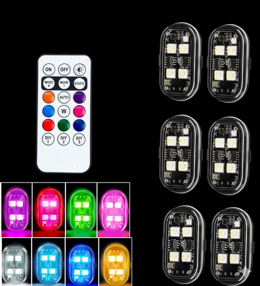 RGB Światła LED do Auta z Pilotem — 8 Kolorów, Stroboskop, Wodoodporne